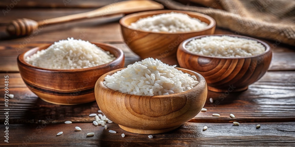 Close-Up of Rustic Wooden Bowls Filled with Fluffy White Rice on a Natural Wood Surface, Showcasing Organic Textures and Earthy Tones in Architectural Photography Close-Up of Rustic Wooden Bowls Filled with Fluffy White Rice on a Natural Wood Surface, Showcasing Organic Textures and Earthy Tones in Architectural Photography