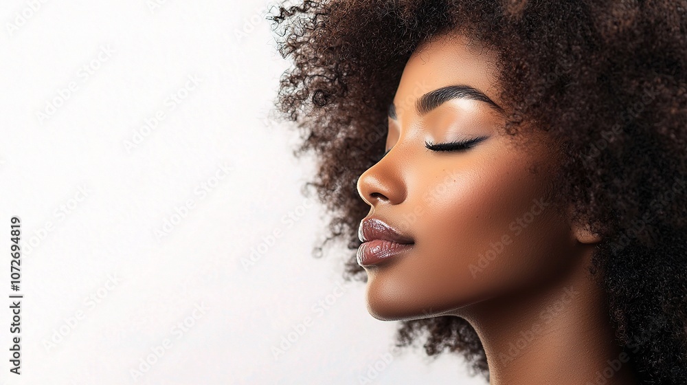 Elegant Side Profile Shot of a Beautiful Black Woman with Curly Hair, Capturing Natural Beauty and Grace in a Soft Light Setting Elegant Side Profile Shot of a Beautiful Black Woman with Curly Hair, Capturing Natural Beauty and Grace in a Soft Light Setting