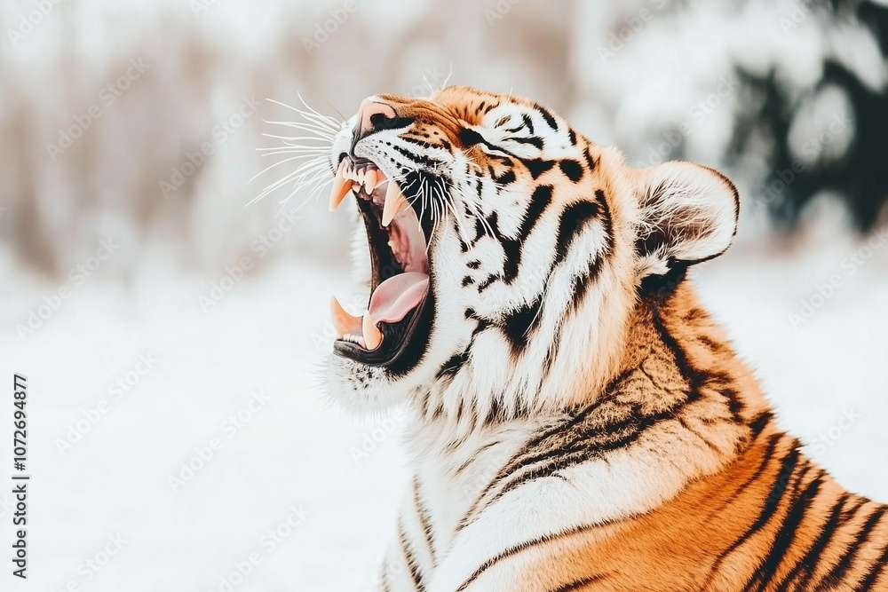 Obraz premium Majestic Tiger Roaring in Wintry Landscape