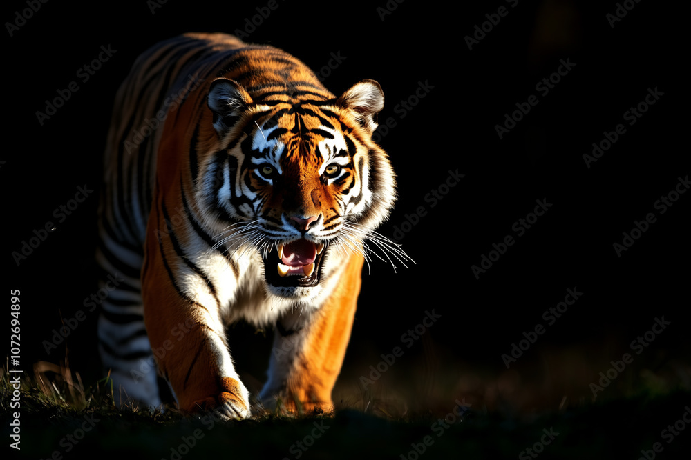 Obraz premium Fierce Tiger Approaching in Dark Background