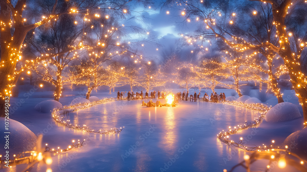 A joyful group enjoys a winter evening gathering next to a glowing fire on a snowy pond surrounded by twinkling lights A joyful group enjoys a winter evening gathering next to a glowing fire on a snowy pond surrounded by twinkling lights