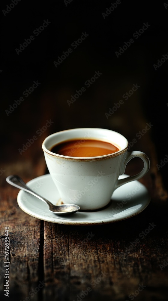 A white coffee cup with a spoon on top of it. The cup is filled with dark coffee A white coffee cup with a spoon on top of it. The cup is filled with dark coffee