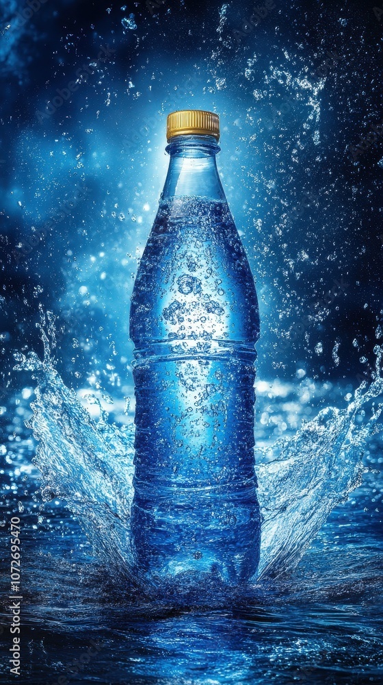 A bottle of water is shown in a splash of water. The bottle is blue and has a yellow cap. Concept of freshness and hydration A bottle of water is shown in a splash of water. The bottle is blue and has a yellow cap. Concept of freshness and hydration