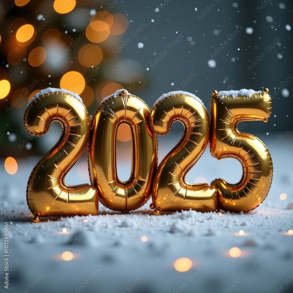 Gold foil balloons in shape of 2025 sprinkled with snow on background of blurred Christmas lights Gold foil balloons in shape of 2025 sprinkled with snow on background of blurred Christmas lights
