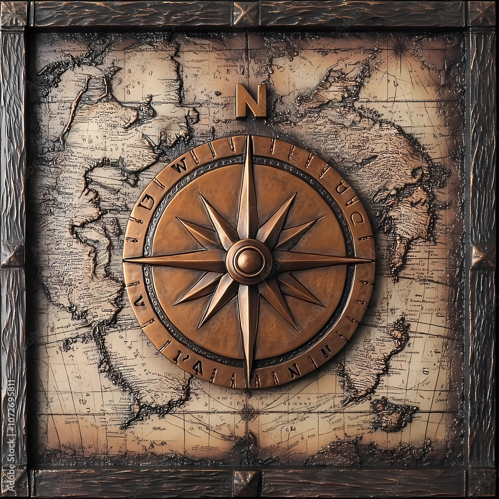 Fototapeta premium Bronze Compass with Map-Pattern Background Depicting Vintage Exploration Adventure Navigation Feel