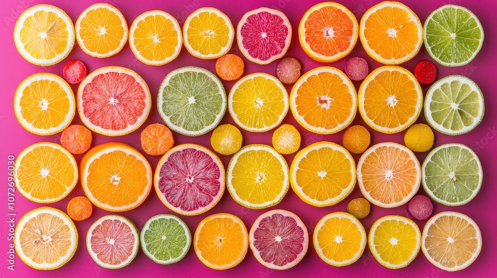 Vibrant Citrus Rainbow Colorful Fruit Slices on Pink Background Vibrant Citrus Rainbow Colorful Fruit Slices on Pink Background