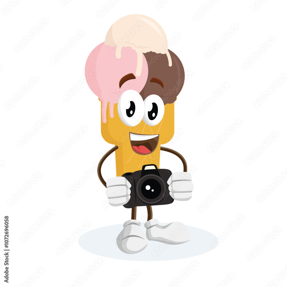 Ice cream 3 Cone Logo mascot with camera pose Ice cream 3 Cone Logo mascot with camera pose