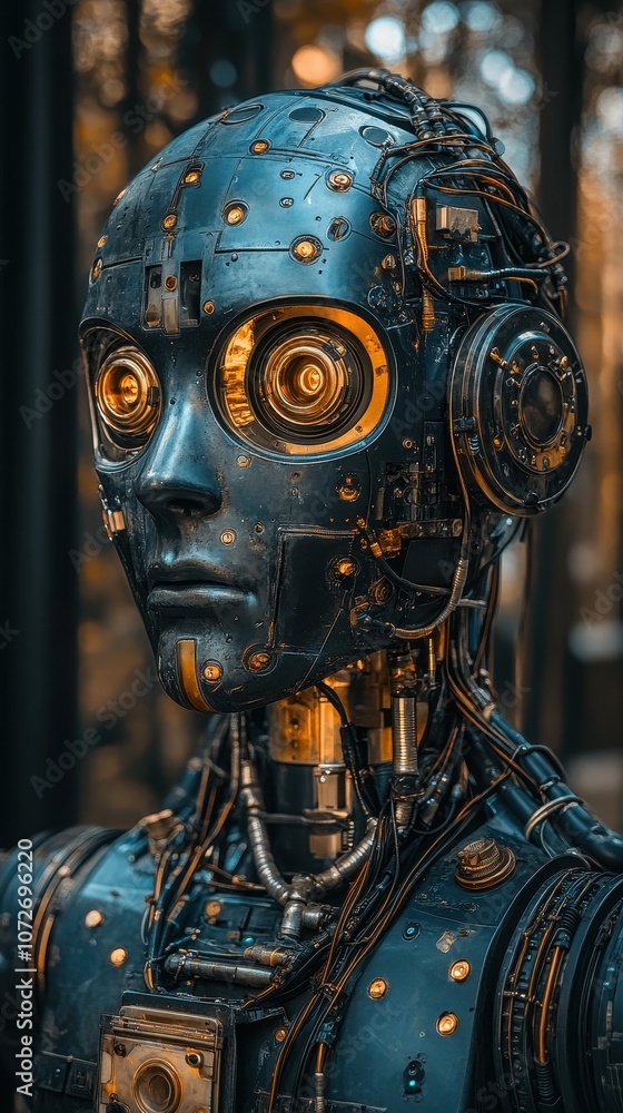 A robot with a face and a pair of headphones. The robot is made of metal and has a metallic appearance A robot with a face and a pair of headphones. The robot is made of metal and has a metallic appearance