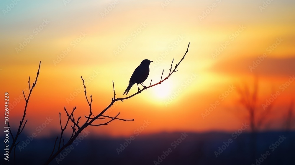 Obraz premium Silhouette of a Bird Perched on a Branch at Sunset.