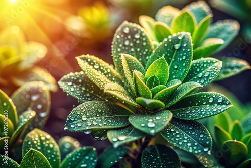 Wallpaper Mural Close-Up Panoramic Photography of Lush Green Plant Leaves with Dew Droplets, Showcasing Intricate Textures and Natural Beauty in a Serene Garden Setting Torontodigital.ca