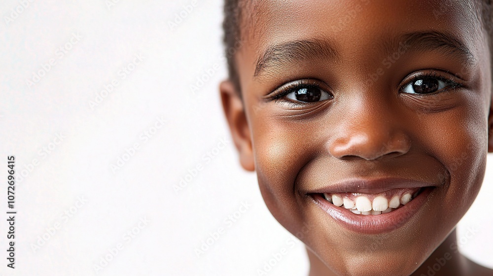 Portrait of a Happy Young African Boy with a Bright Smile on a Soft Background, Perfect for Web Banners and Promotional Materials Showcasing Joy and Innocence