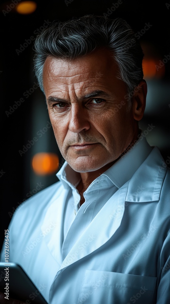 A man in a white lab coat is holding a tablet. He looks serious and focused. Concept of professionalism and dedication to his work A man in a white lab coat is holding a tablet. He looks serious and focused. Concept of professionalism and dedication to his work