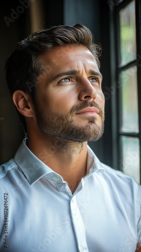 A man with a beard and a blue shirt looking out a window. The man is wearing a white shirt and he is looking out the window