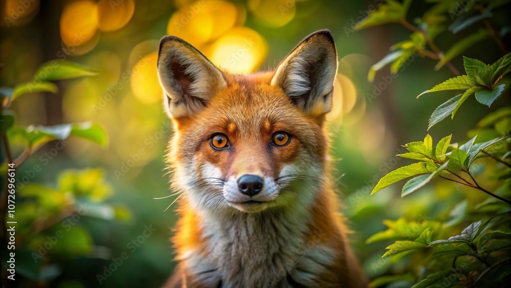 Close-up Portrait of a Majestic Red Fox Amidst Lush Greenery in a Forest Setting, Capturing the Natural Beauty and Grace of Wildlife in its Habitat Close-up Portrait of a Majestic Red Fox Amidst Lush Greenery in a Forest Setting, Capturing the Natural Beauty and Grace of Wildlife in its Habitat