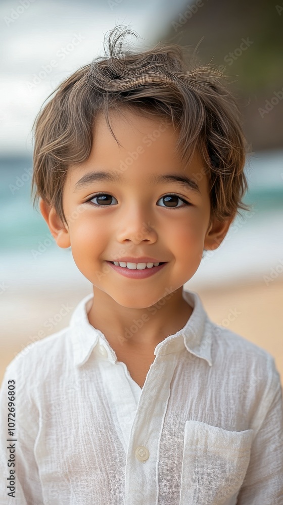 A young boy with brown hair and brown eyes is smiling at the camera. He is wearing a white shirt and shorts A young boy with brown hair and brown eyes is smiling at the camera. He is wearing a white shirt and shorts