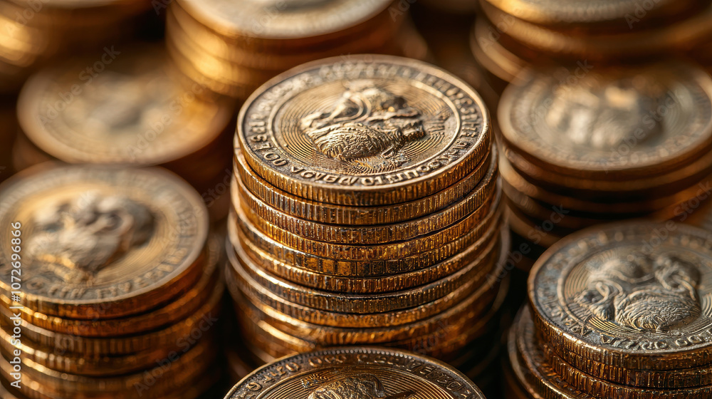 Stacks of shiny gold coins create rich and luxurious atmosphere Stacks of shiny gold coins create rich and luxurious atmosphere