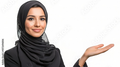 Young Arab businesswoman confidently showcasing her palm with a welcoming gesture, promoting professionalism and empowerment in the business world.