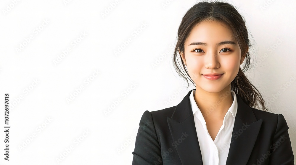 Young Asian businesswoman standing confidently with a smile, representing professionalism and success in the corporate world, ideal for business-related projects and promotions. Young Asian businesswoman standing confidently with a smile, representing professionalism and success in the corporate world, ideal for business-related projects and promotions.
