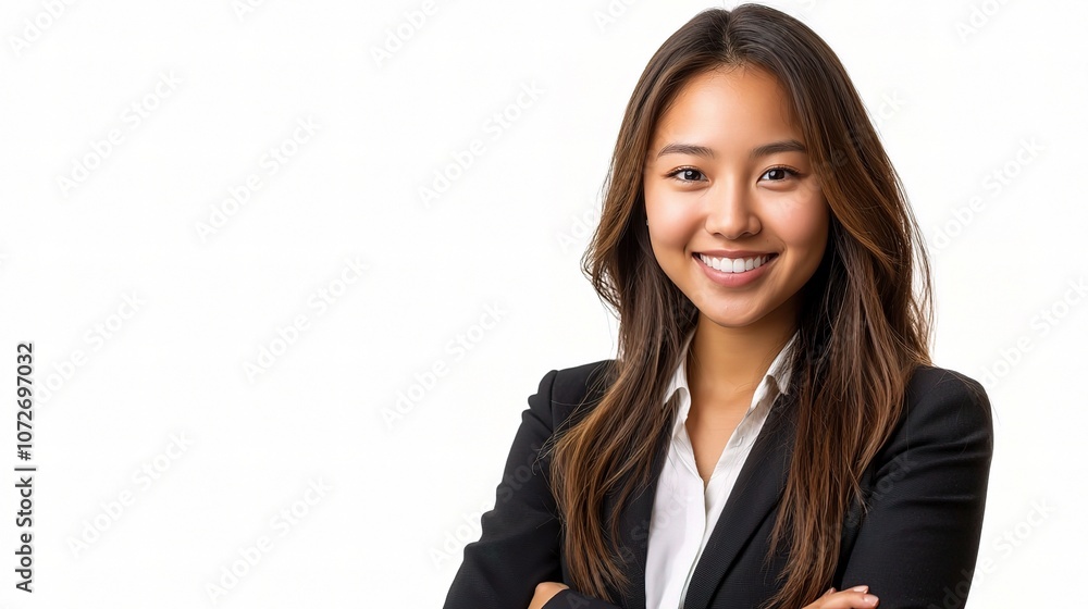 Confident Young Asian Businesswoman Smiling Proudly in Professional Attire Against a Light Background Showcasing Empowerment and Success in the Workplace Confident Young Asian Businesswoman Smiling Proudly in Professional Attire Against a Light Background Showcasing Empowerment and Success in the Workplace