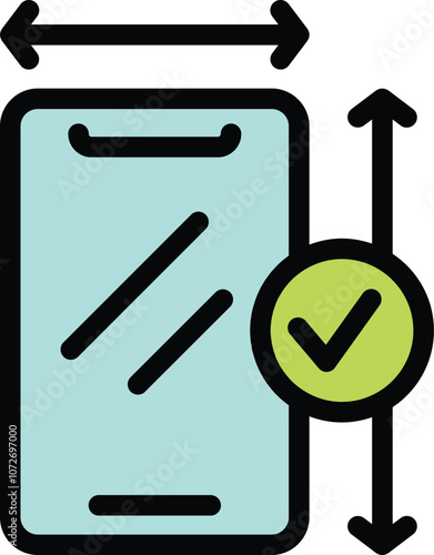 Smartphone screen size approval symbol with check mark icon for apps and websites in outline style