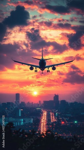 A plane is flying over a city at sunset. The sky is filled with clouds and the sun is setting. The city below is lit up with lights, creating a warm and inviting atmosphere