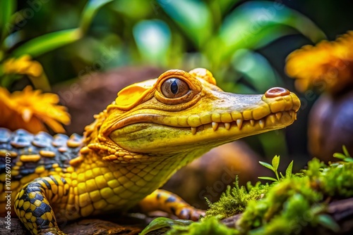 Close-Up Tilt-Shift Photography of a Jacar do Papo Amarelo Alligator in a Lush Tropical Setting Highlighting Textures and Colors of the Unique Reptile photo