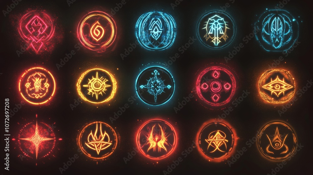 Collection of Mystical Symbols in Bright Neon Colors Featuring Intricate Designs Suitable for Fantasy-themed Artwork and Creative Projects Collection of Mystical Symbols in Bright Neon Colors Featuring Intricate Designs Suitable for Fantasy-themed Artwork and Creative Projects