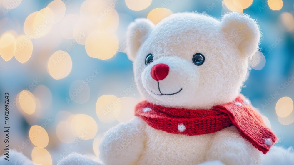 Soft white teddy bear with red scarf against a blurred festive background, capturing the warmth and joy of the holiday season in a charming and heartwarming scene. Soft white teddy bear with red scarf against a blurred festive background, capturing the warmth and joy of the holiday season in a charming and heartwarming scene.