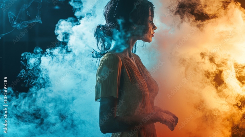 A Mystical Woman Enveloped by a Swirl of Colorful Smoke in a Stunning and Artistic Portrait Photograph A Mystical Woman Enveloped by a Swirl of Colorful Smoke in a Stunning and Artistic Portrait Photograph