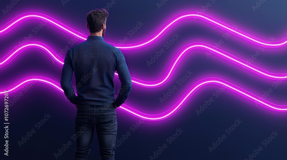 Man Admiring Neon Art Installation in Contemporary Gallery Man Admiring Neon Art Installation in Contemporary Gallery