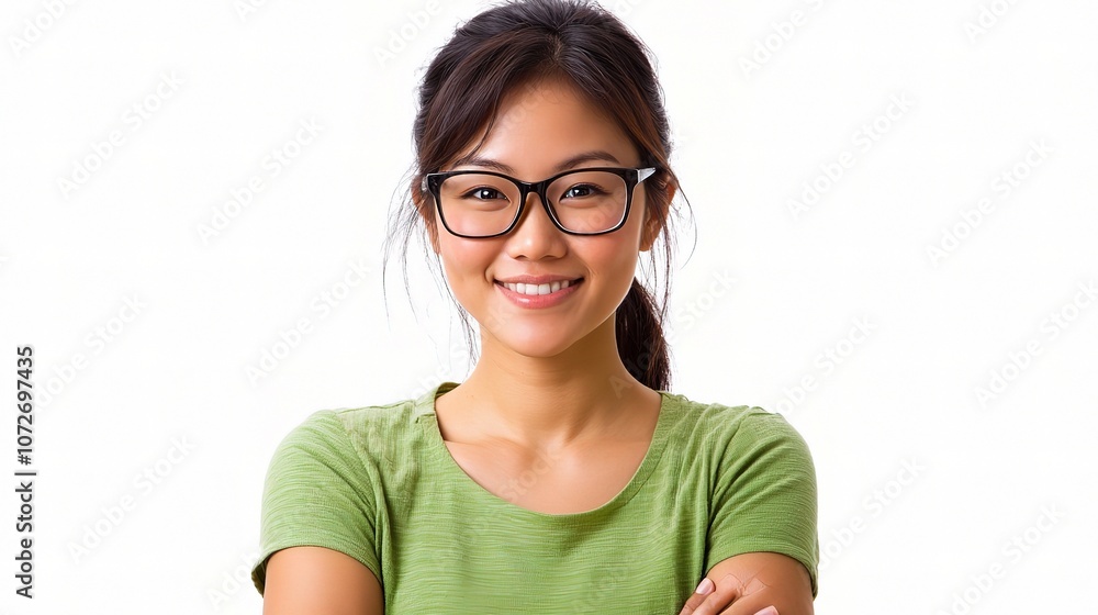 Young Chinese Woman with Glasses Smiling in a Green Shirt, Representing Youthful Energy and Confidence Against a Bright Background Young Chinese Woman with Glasses Smiling in a Green Shirt, Representing Youthful Energy and Confidence Against a Bright Background