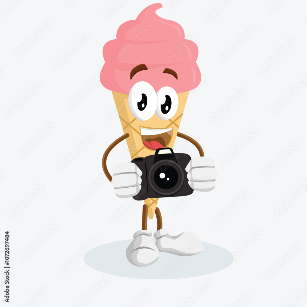 Ice Cream Cone Pink mascot with camera pose Ice Cream Cone Pink mascot with camera pose