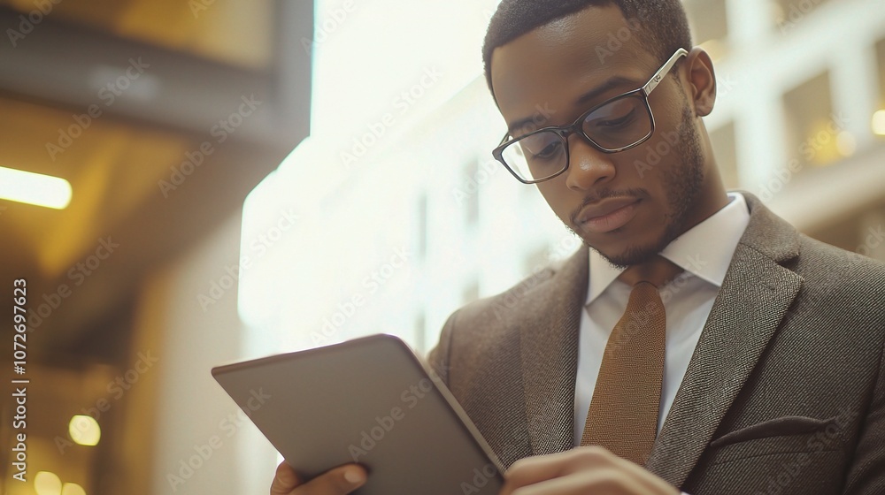 Fototapeta premium Young Ethnic Businessman Deep in Thought While Searching for Inspiration Using a Digital Tablet in a Modern Urban Setting