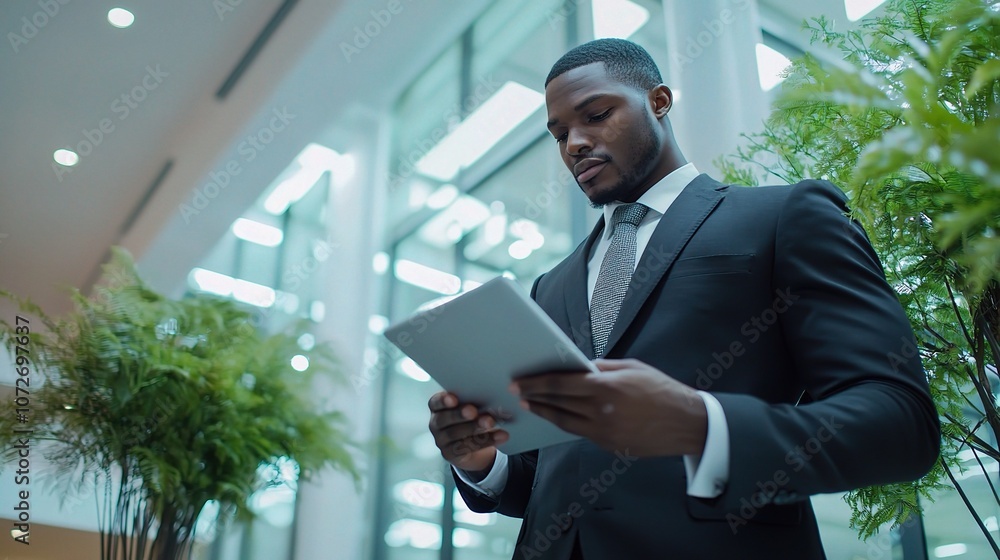 Young Ethnic Businessman Engaged in Thoughtful Search for Inspiration with Tablet in Modern Office Environment Surrounded by Lush Greenery Young Ethnic Businessman Engaged in Thoughtful Search for Inspiration with Tablet in Modern Office Environment Surrounded by Lush Greenery