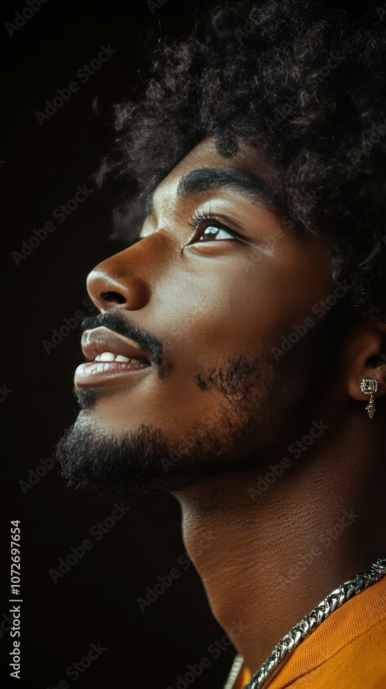 A man with a beard and a mustache is looking up at the camera. He has a smile on his face and his eyes are open wide A man with a beard and a mustache is looking up at the camera. He has a smile on his face and his eyes are open wide