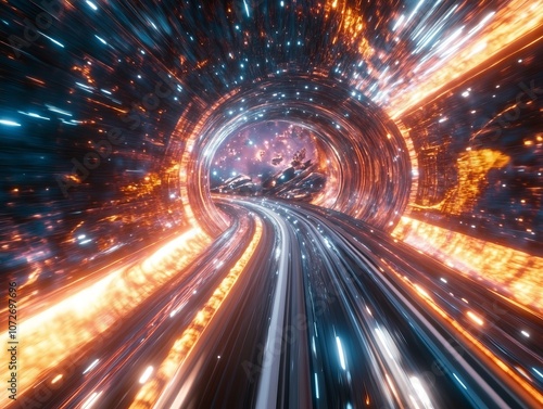 A Futuristic Sci-Fi Tunnel Scene with Colorful Light Trails, Stars, and Cosmic Elements Capturing the Essence of Space Travel and Hyperspace Journeys