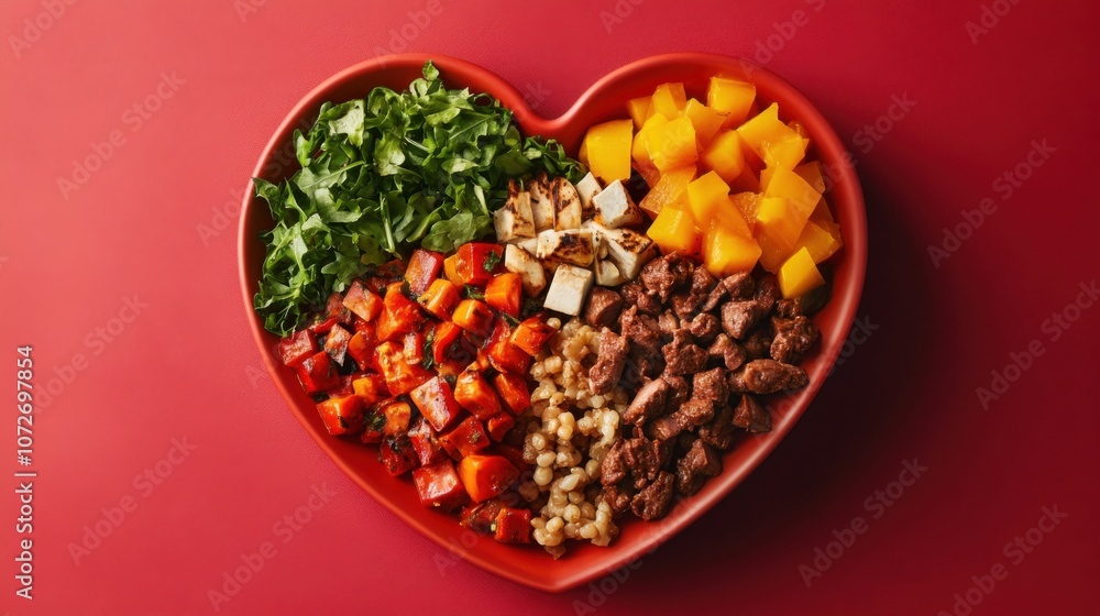 Heart-shaped plate filled with healthy and nutritious foods Heart-shaped plate filled with healthy and nutritious foods