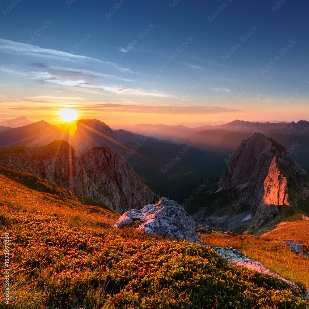 Obraz premium Early Morning Glow: Stunning Mountain Views as the Sun Rises