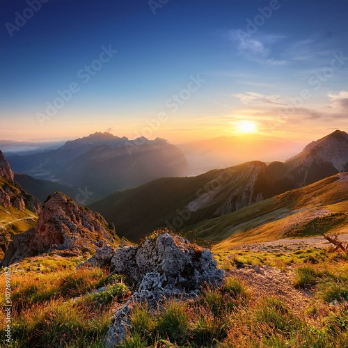 Golden Peaks at Dawn: Breathtaking Sunrise Over Mountain Ranges 