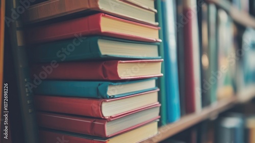 Stack of multicolored books on library shelf