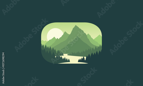 Landscape badge flat vector design illustration of mountains, calm river and silhouettes of pine trees, soft green gradations layered