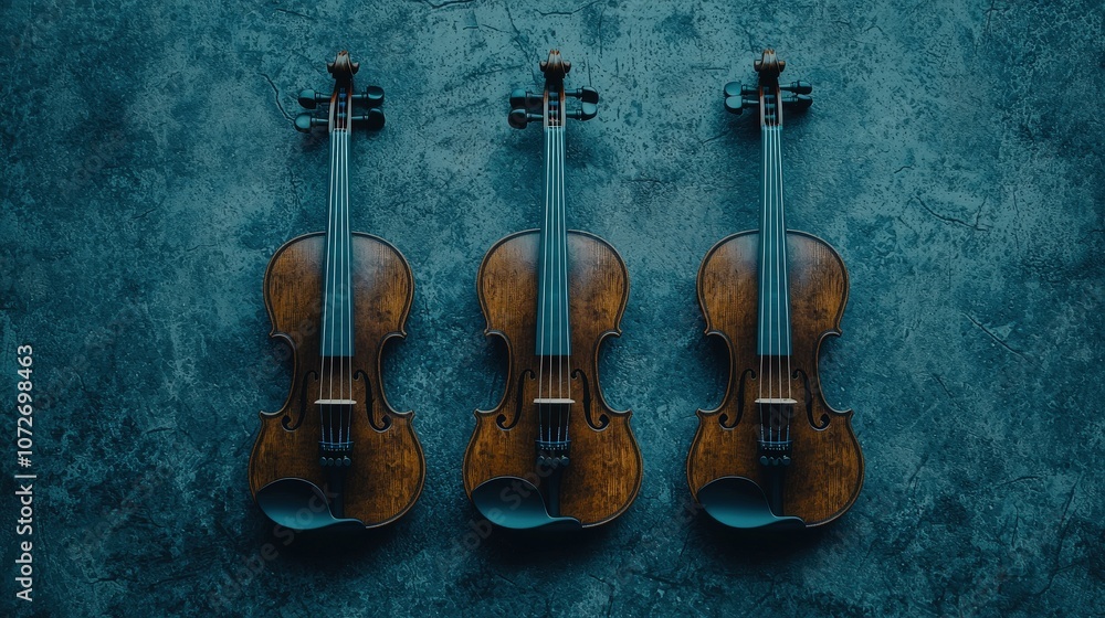 Naklejka premium Three Vintage Violins on Rustic Blue Background Music Instrument Classical String Or