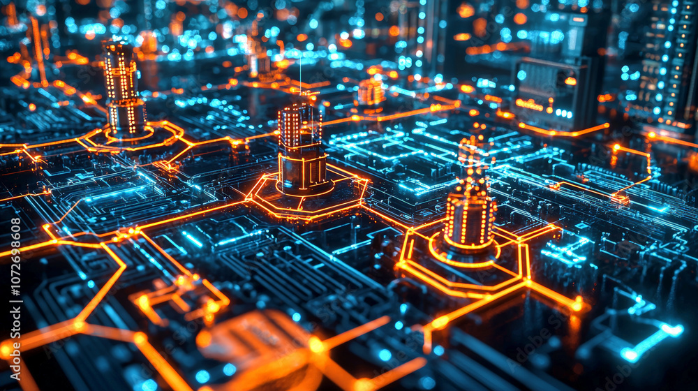 Futuristic cityscape with glowing circuits and buildings, showcasing advanced technology and energy management systems. vibrant blue and orange lights create dynamic atmosphere Futuristic cityscape with glowing circuits and buildings, showcasing advanced technology and energy management systems. vibrant blue and orange lights create dynamic atmosphere