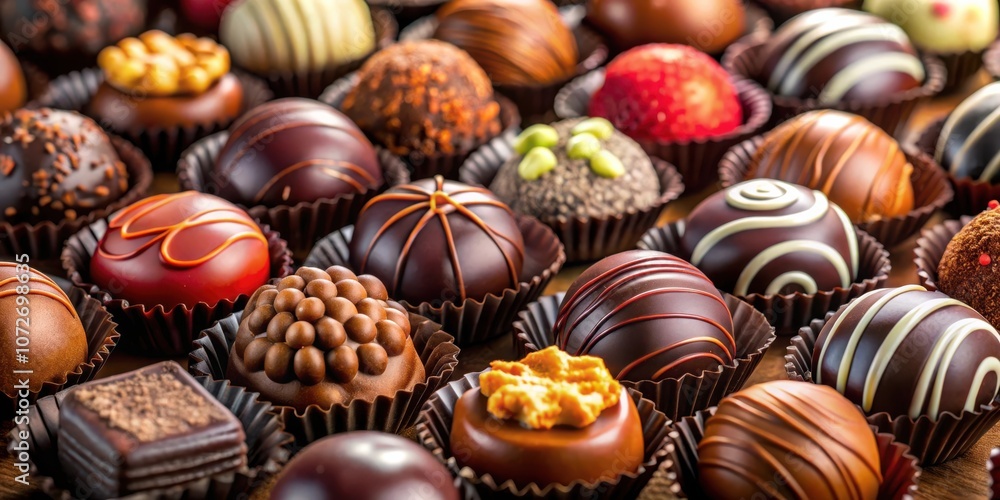 A close-up view of an assortment of delicious chocolate truffles, each meticulously crafted with various toppings and fillings, showcasing the artistry of chocolate making. A close-up view of an assortment of delicious chocolate truffles, each meticulously crafted with various toppings and fillings, showcasing the artistry of chocolate making.