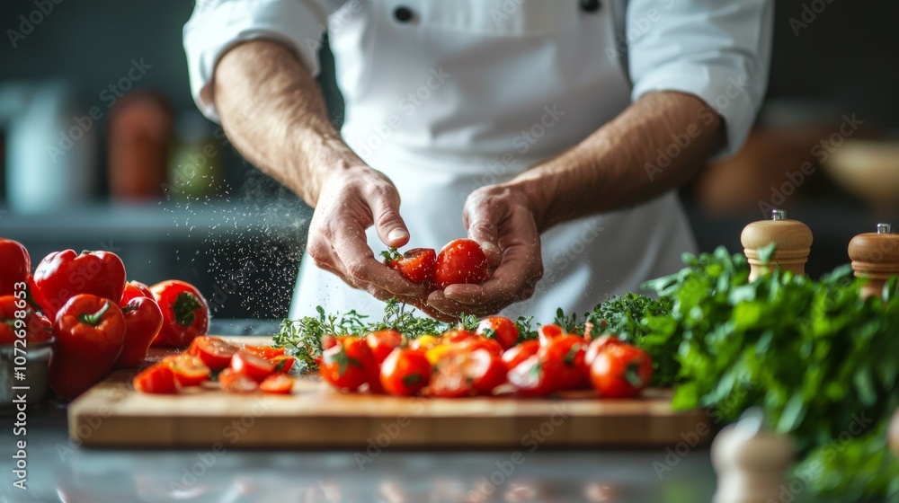 Chef preparing fresh ingredients on wooden cutting board Chef preparing fresh ingredients on wooden cutting board