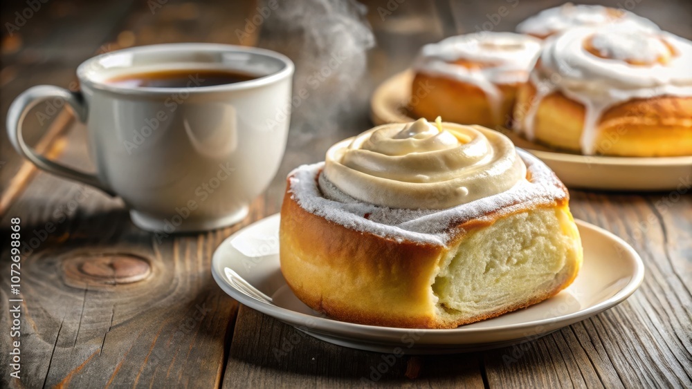 A fresh, warm cinnamon roll with creamy frosting and powdered sugar, sitting on a white plate with a cup of coffee in the background. The roll is partially eaten, revealing the soft, doughy interior. A fresh, warm cinnamon roll with creamy frosting and powdered sugar, sitting on a white plate with a cup of coffee in the background. The roll is partially eaten, revealing the soft, doughy interior.