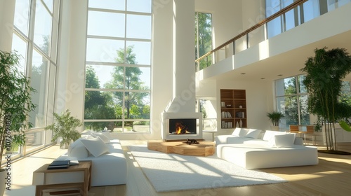 Modern bright living room with large windows and cozy furniture surrounded by greenery.