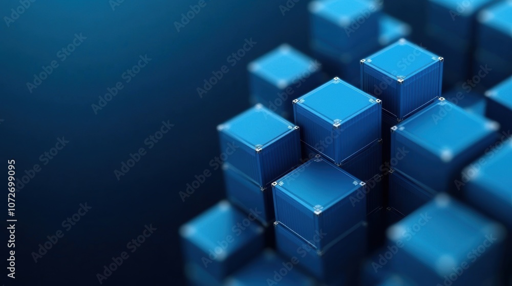 Stacked blue shipping containers in a geometric pattern on dark background. Industrial and logistics concept Stacked blue shipping containers in a geometric pattern on dark background. Industrial and logistics concept