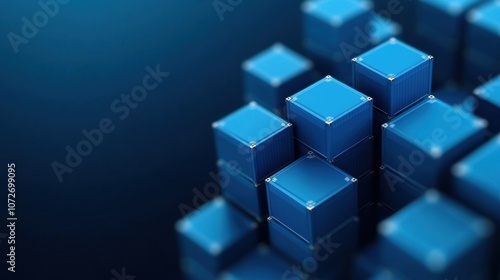 Stacked blue shipping containers in a geometric pattern on dark background. Industrial and logistics concept