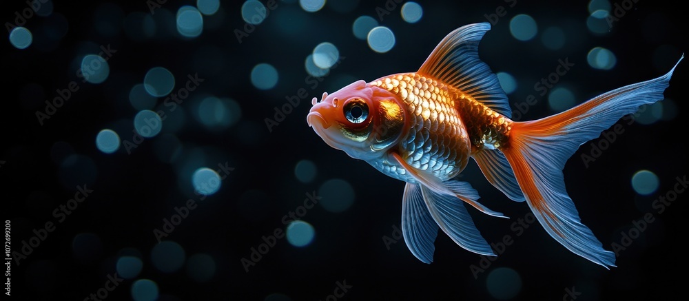 A single goldfish swims in a dark, mysterious environment with bokeh lights in the background. A single goldfish swims in a dark, mysterious environment with bokeh lights in the background.